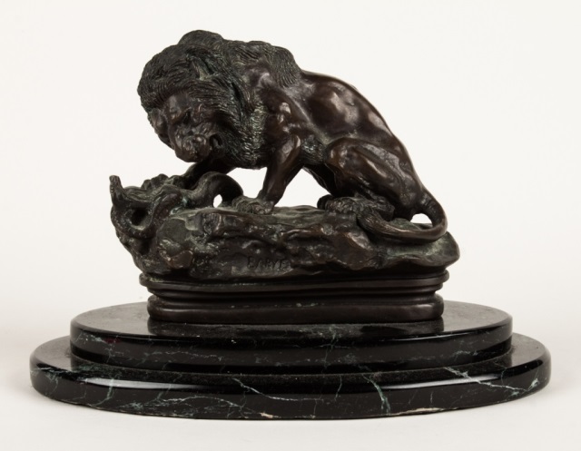 Appraisal: After Barye Lion and Python bronze figural group early th