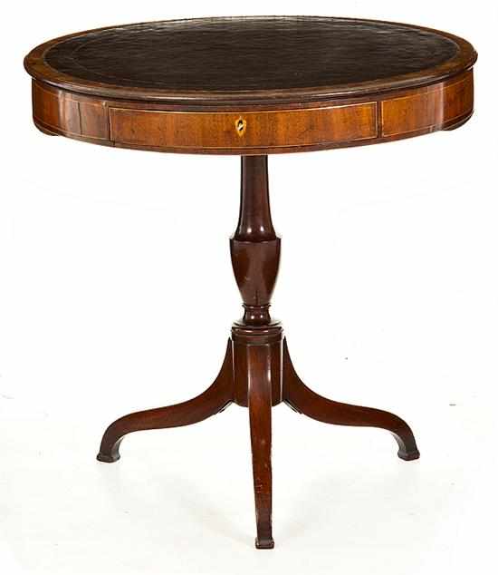 Appraisal: Regency inlaid mahogany drum table th century circular leather-lined top