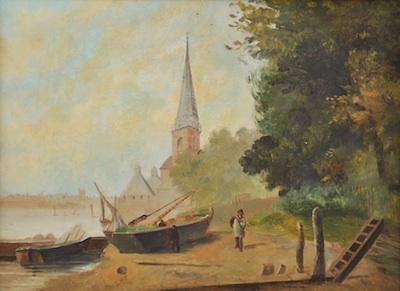 Appraisal: Continental School th Century Coastal scene with a church spire