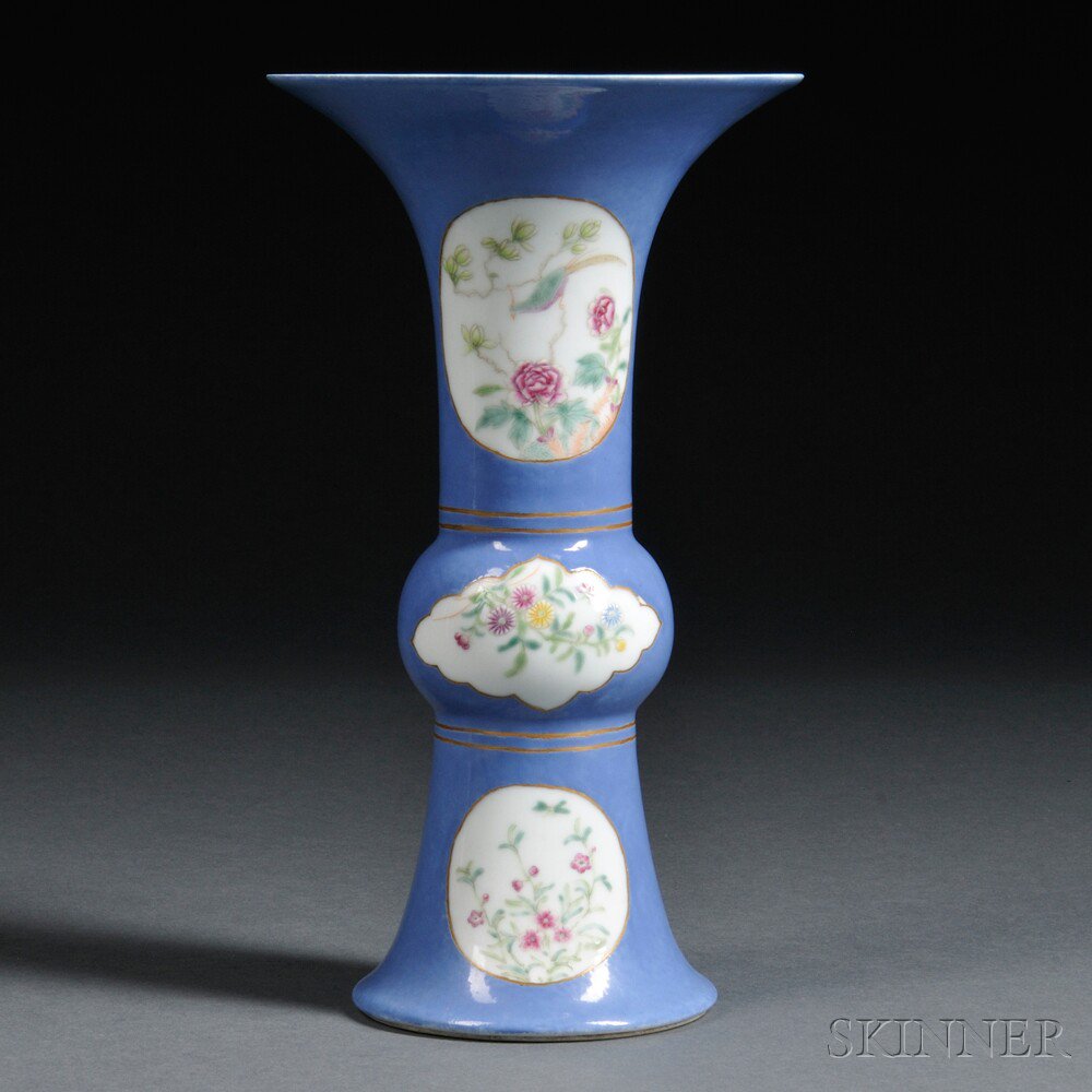 Appraisal: Famille Rose Lavender-ground Gu Vase China th century with cartouches