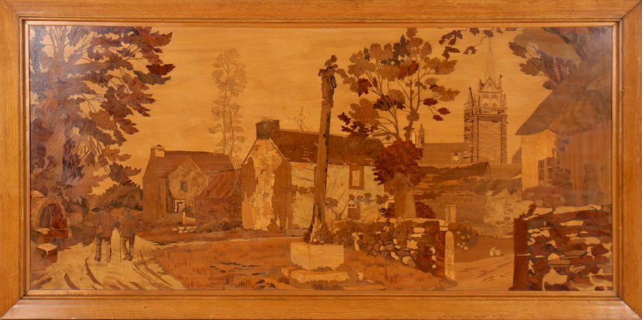 Appraisal: MIXED WOOD INLAID PANEL VILLAGE SCENE SIGNED A mixed wood