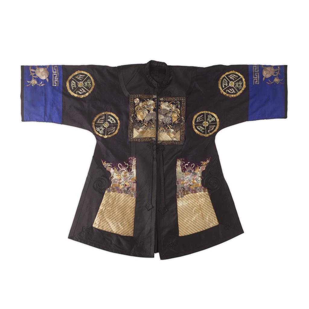 Appraisal: EMBROIDERED DARK BLUE GROUND INFORMAL ROBE with centre front opening