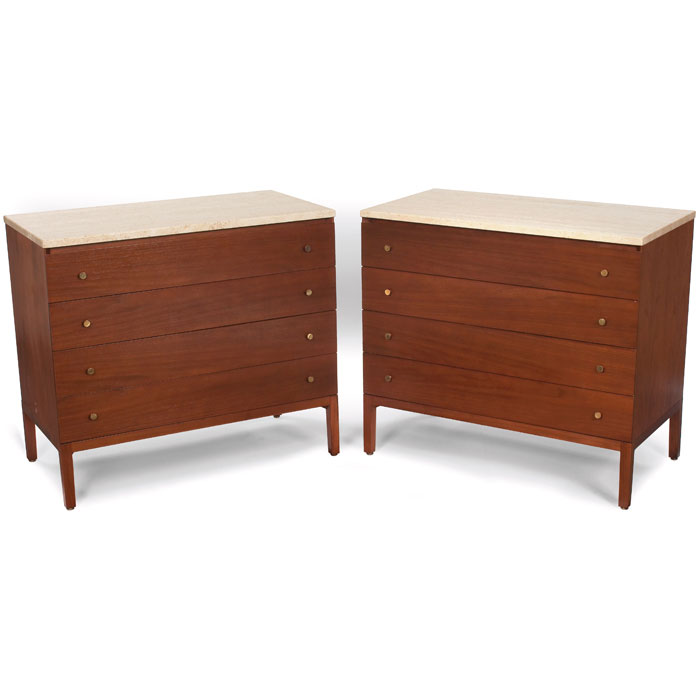 Appraisal: Paul McCobb cabinets pair by Calvin walnut original travertine tops