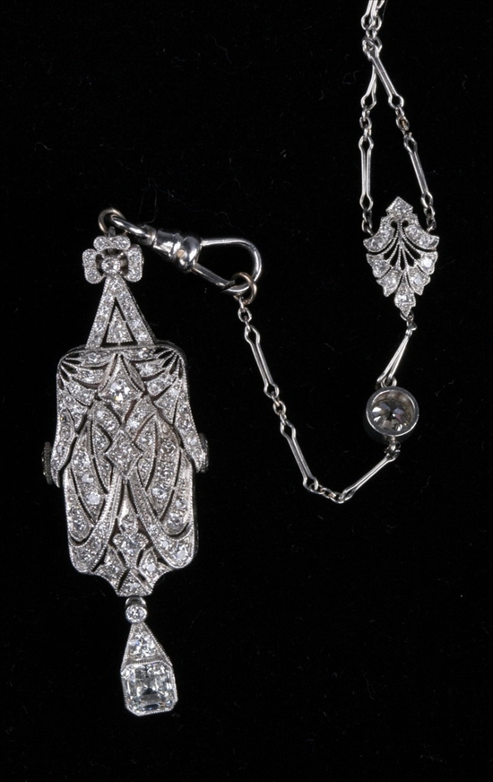 Appraisal: ART DECO PLATINUM AND DIAMOND PENDANT WATCH ON CHAIN C