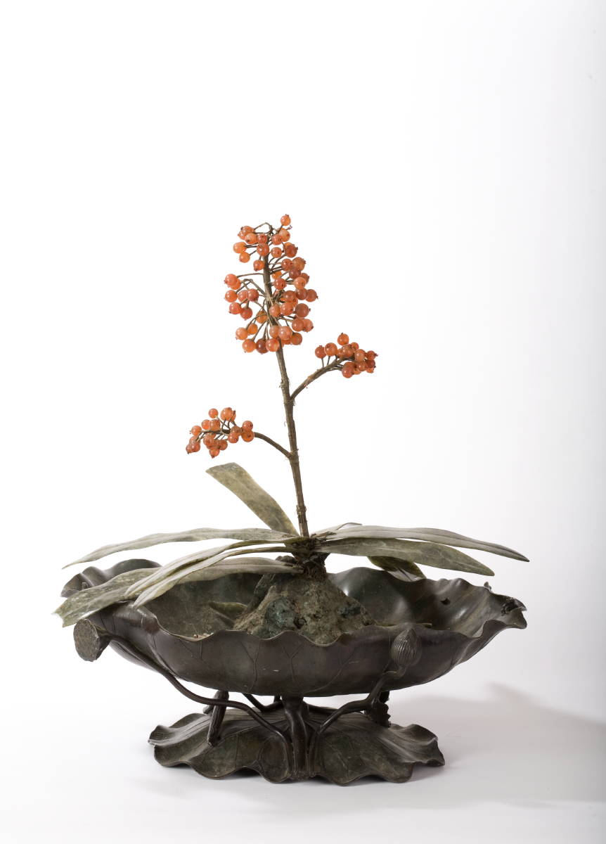 Appraisal: LARGE CHINESE BRONZE LOTUS-FORM PLANTER FITTED WITH A HARDSTONE BRANCH