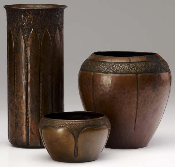 Appraisal: ROYCROFT Three hammered copper vessels designed by Walter Jennings with