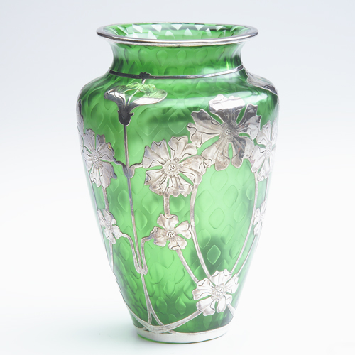 Appraisal: Art Nouveau emerald glass vase with silver overlay depicting wild