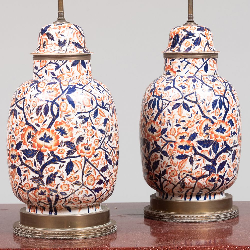 Appraisal: Pair of Imari Style Porcelain Jars and Covers Mounted as