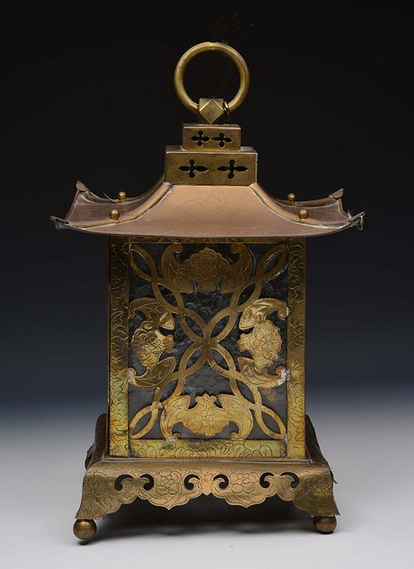 Appraisal: A CHINESE STYLE HALL LANTERN with engraved brass panels cm