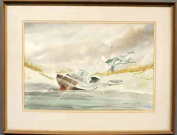 Appraisal: Watercolor painting of a fishing boat on the beach signed