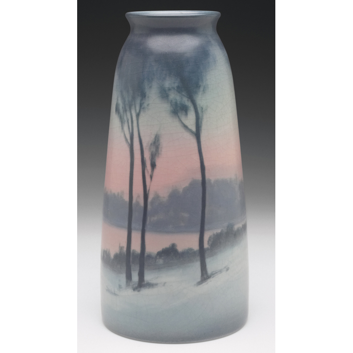 Appraisal: Rookwood vase Vellum glaze witha nicely executed landscape painted bySallie