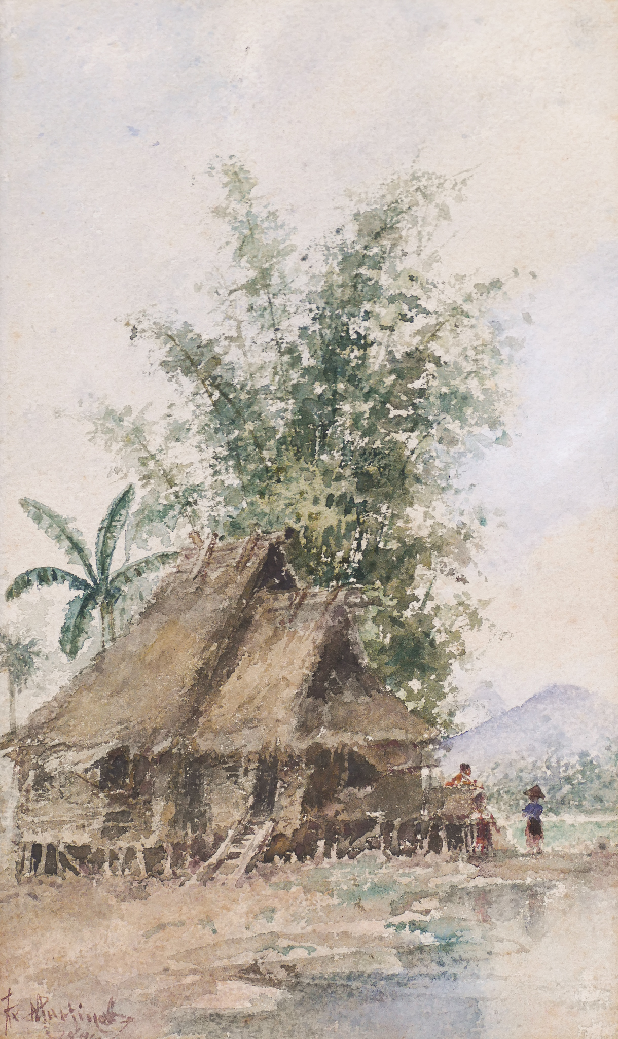 Appraisal: Felix Martinez - Philippines ''Hut with Figures'' Watercolor on Paper