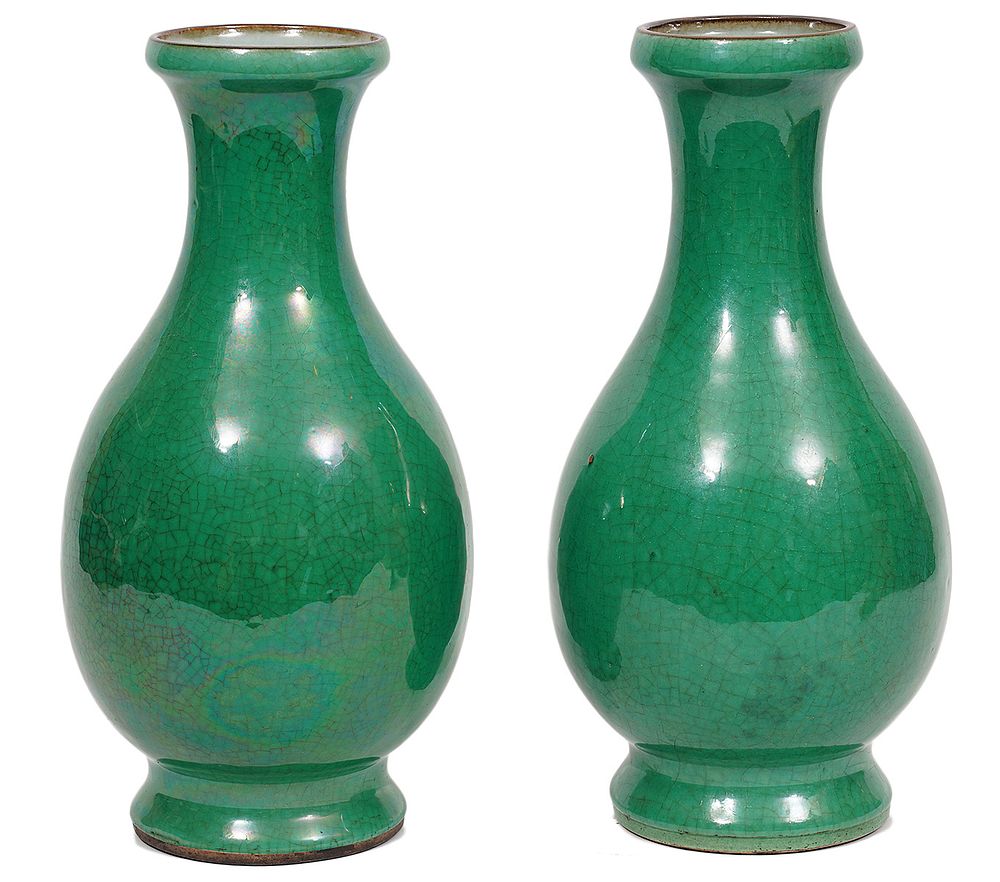 Appraisal: Pair of Chinese Apple Green Crackle Vases Pair of apple