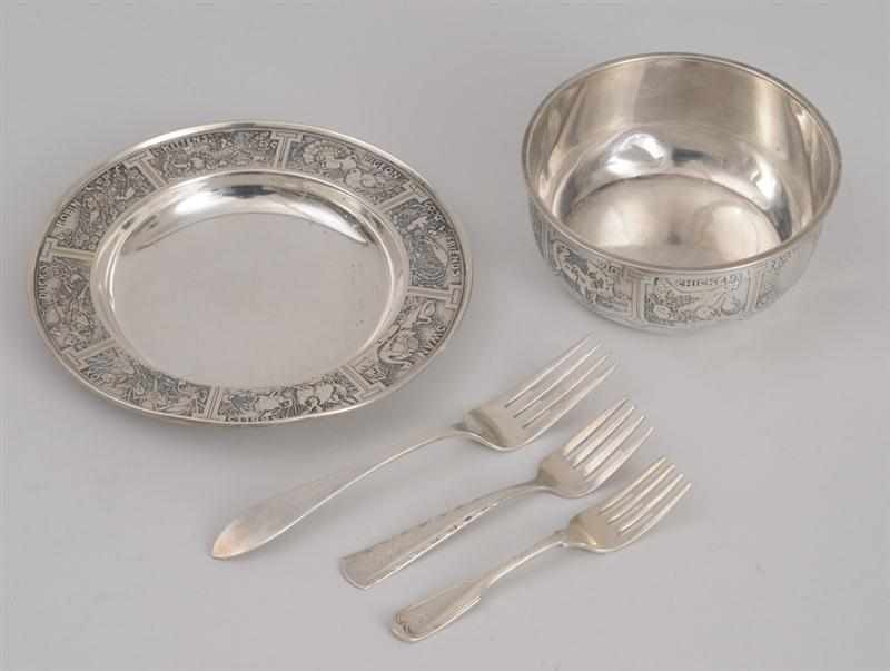 Appraisal: KERR SILVER CHILD'S BOWL AND STAND AND THREE CHILD'S FORKS