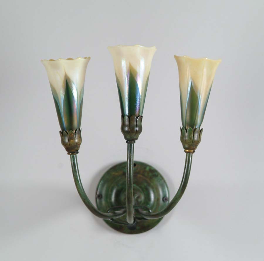 Appraisal: ART NOUVEAU SCONCE Interesting Art Nouveau three-arm sconce has rich