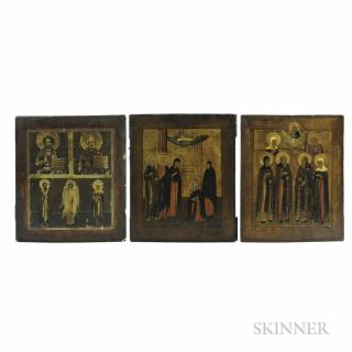 Appraisal: Three Russian Icons one featuring a group of six saints