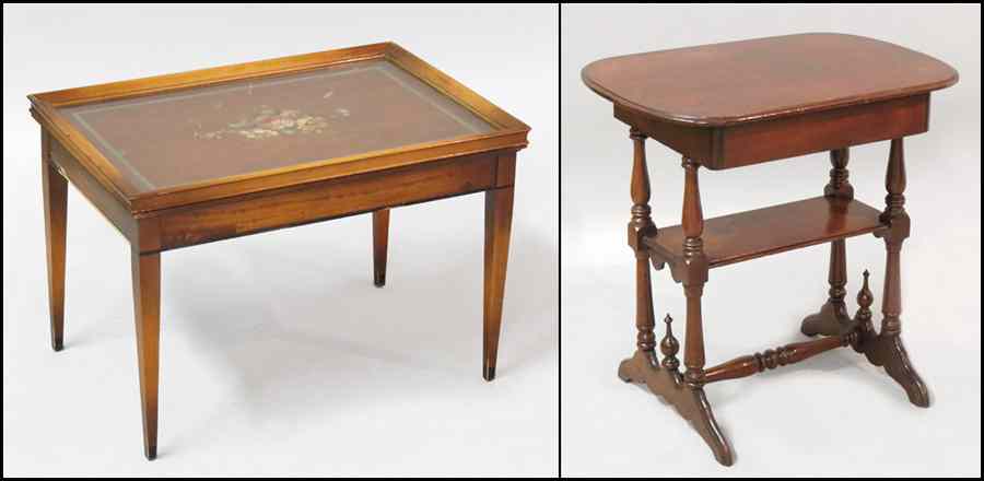 Appraisal: MAHOGANY SINGLE DRAWER TABLE Together with a painted mahogany cocktail