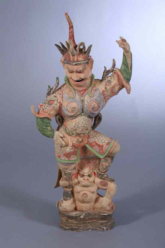 Appraisal: CHINESE POLYCHROME POTTERY FIGURE OF LOKAPALA Tang Dynasty style -