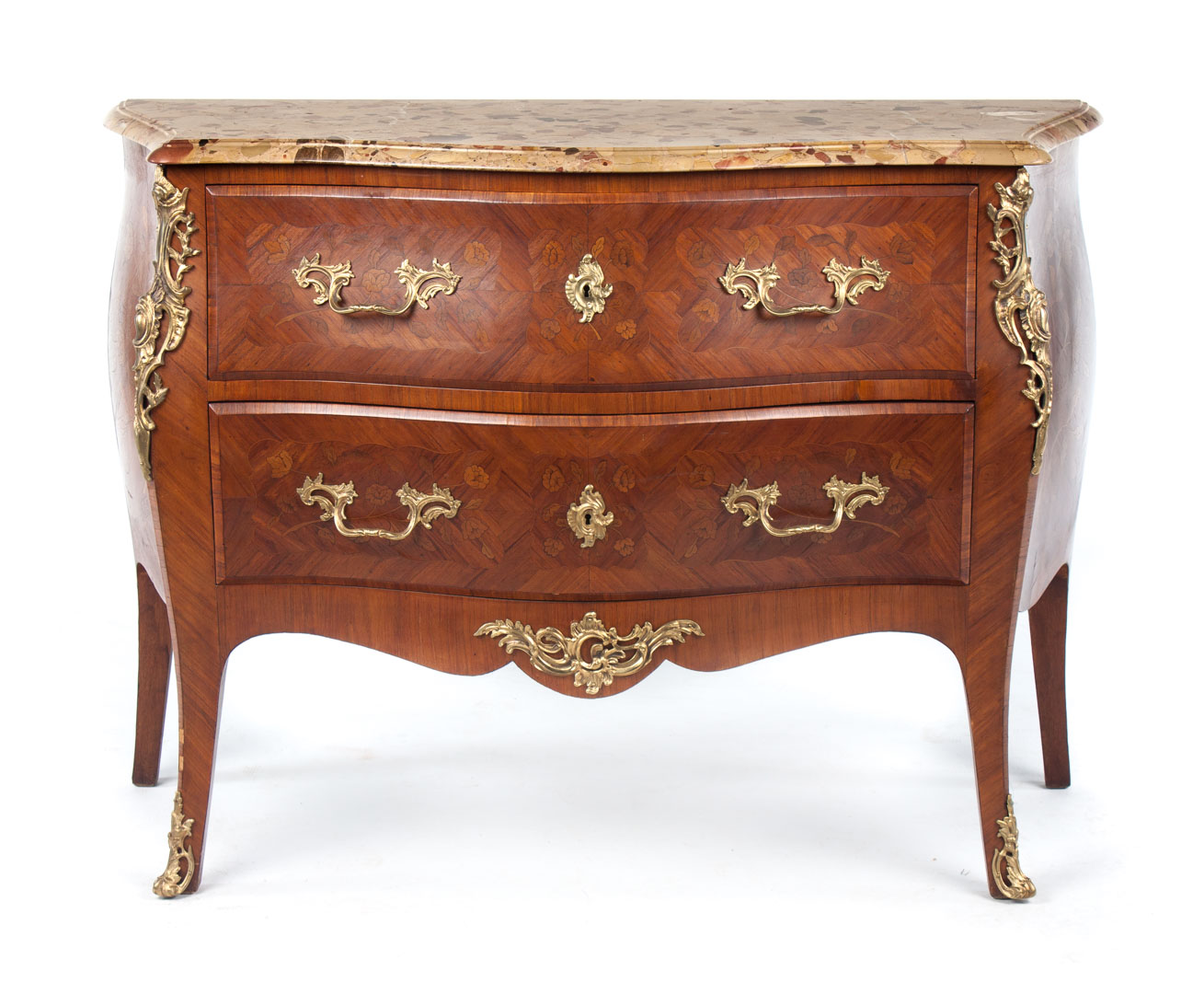 Appraisal: Louis XV style marble top marquetry inlaid commode serpentined tan