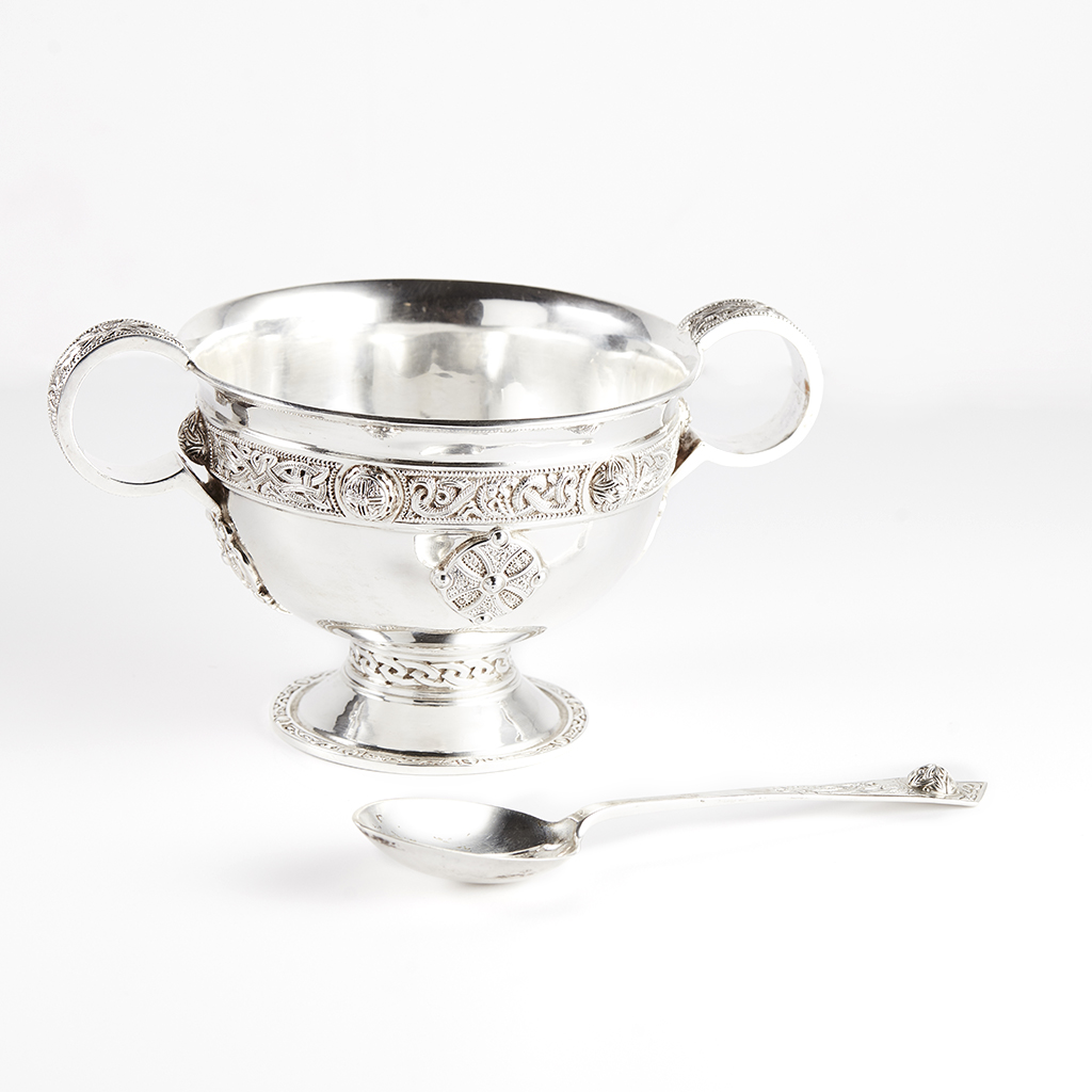 Appraisal: A cased two handled bowl and spoon J F Glasgow