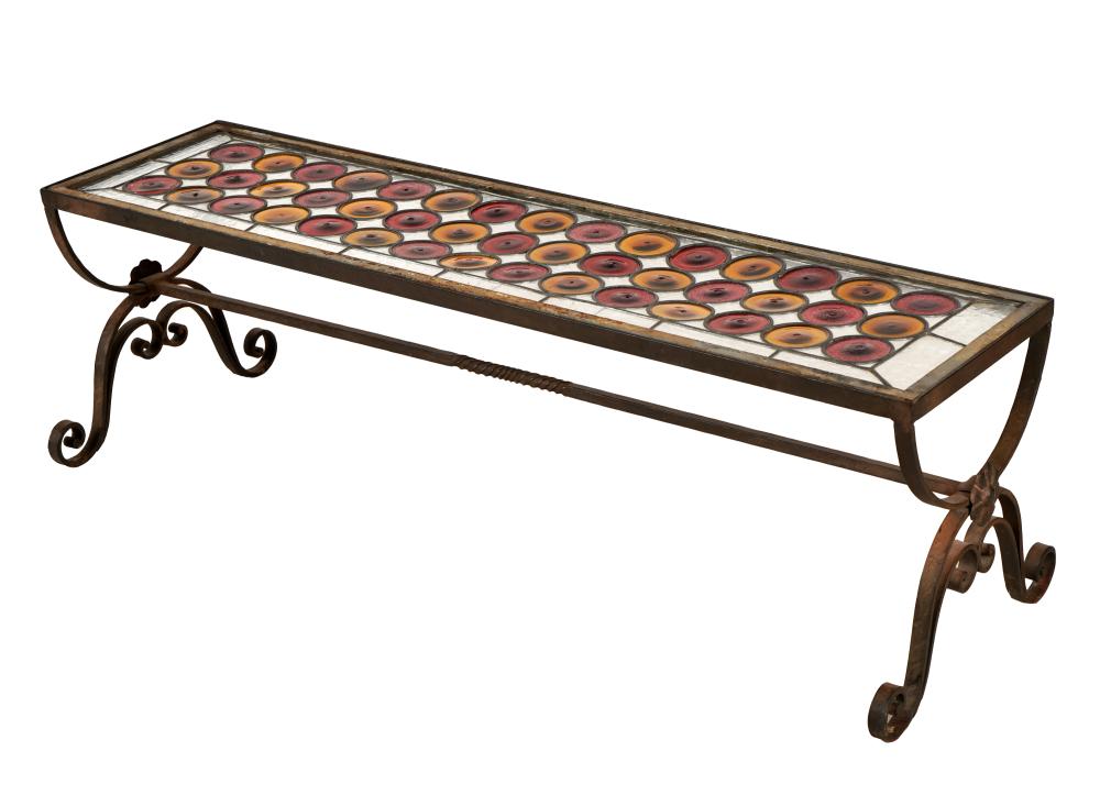 Appraisal: IRON LEADED COLORED GLASS COFFEE TABLEwith removable clear glass cover