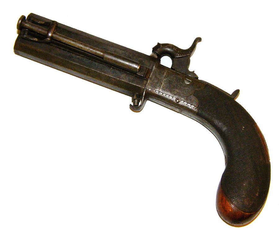 Appraisal: th century double barrel turn-over percussion pistol with ramrod and