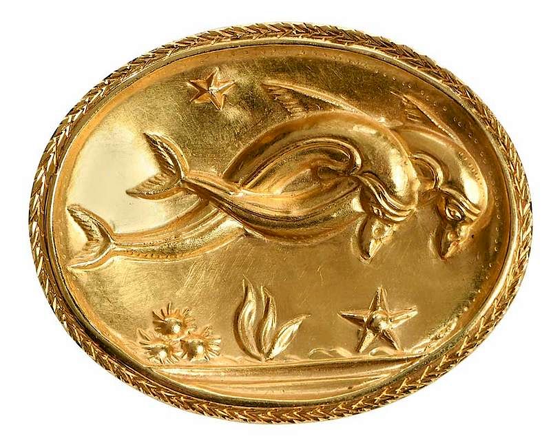 Appraisal: kt Gold Brooch Pendant image of two dolphins stamped c