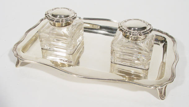 Appraisal: Rectangular silver desk stand fitted two cut glass inkwells with