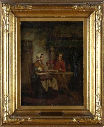 Appraisal: Continental School th C Interior Scene with Figures Oil on