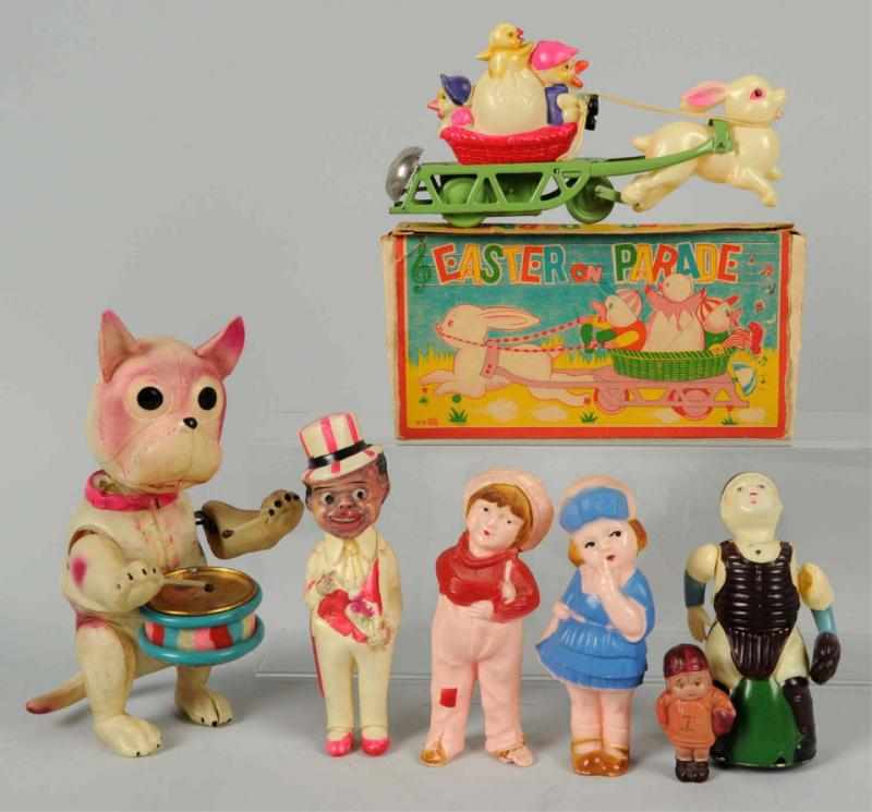 Appraisal: Lot of Celluloid Wind-Up Toys Figures Japanese Working Includes Easter