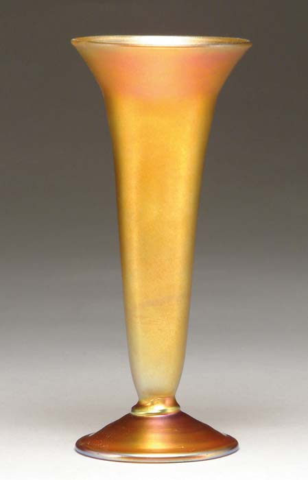 Appraisal: QUEZAL TRUMPET VASE Nice Quezal trumpet vase has applied inverted