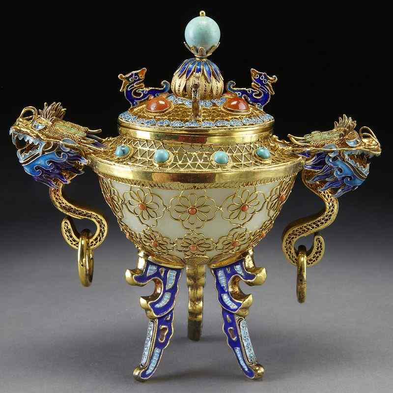 Appraisal: Chinese enamel over silver mounted censer with two dragon handles