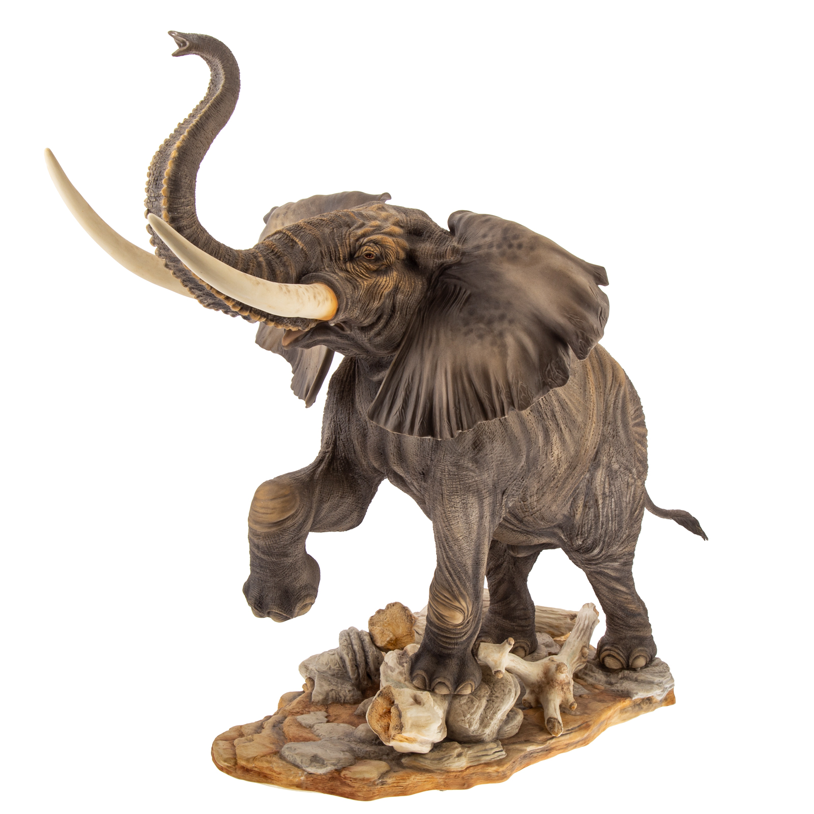 Appraisal: BOEHM PORCELAIN LARGE BULL ELEPHANT Painted bisque of charging trumpeting