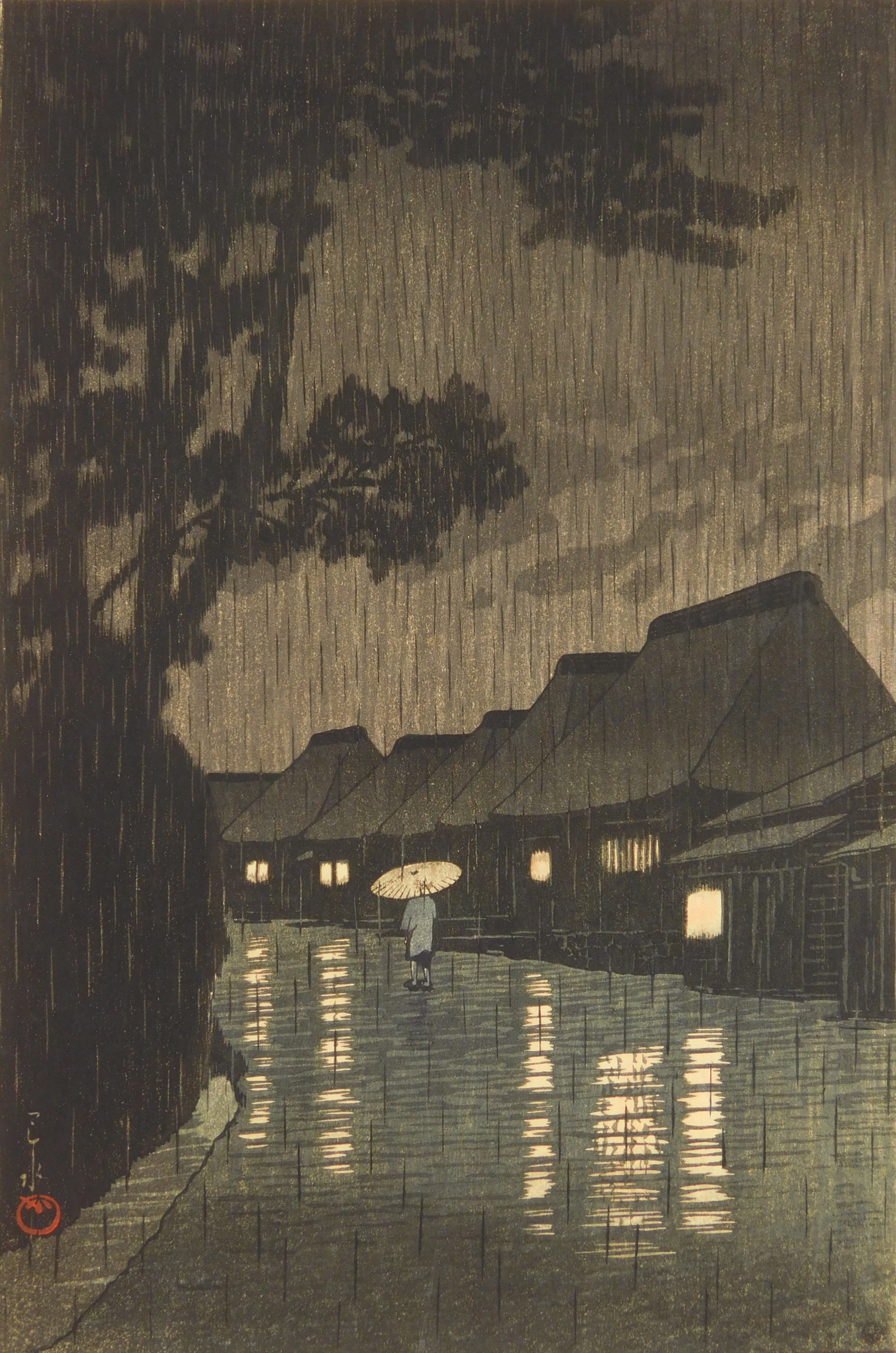 Appraisal: Hasui Kawase - ''Rain in Maekawa Shosu'' Brown - woodblock