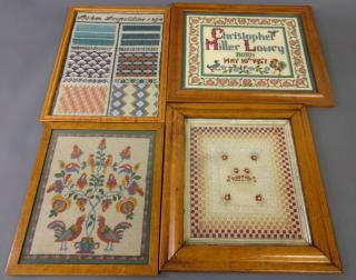 Appraisal: Framed needlework Four maple framed needleworks largest h x w