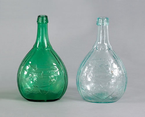 Appraisal: Two American calabash bottles one medium green with American eagle