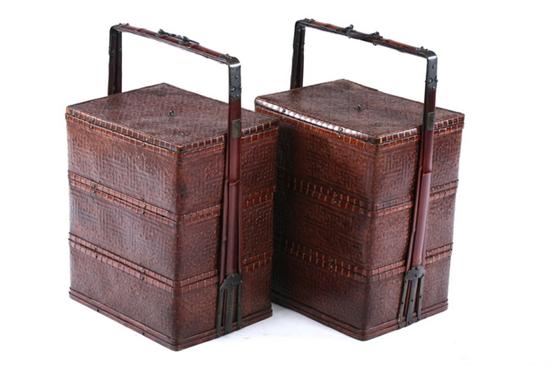 Appraisal: PAIR CHINESE THREE-TIER BASKETS With bamboo mounts - With handle