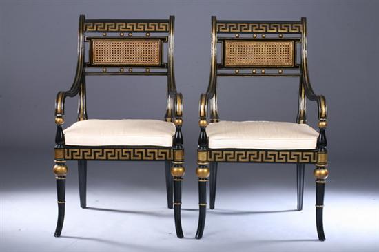 Appraisal: PAIR PAINTED AND PARCEL-GILT DECORATED KLISMOS STYLE ARM CHAIRS late