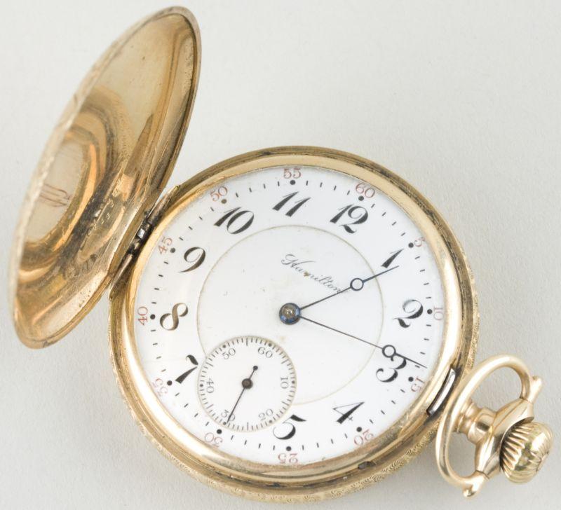 Appraisal: KT Yellow Gold Hamilton Pocket Watch hunter case internally engraved