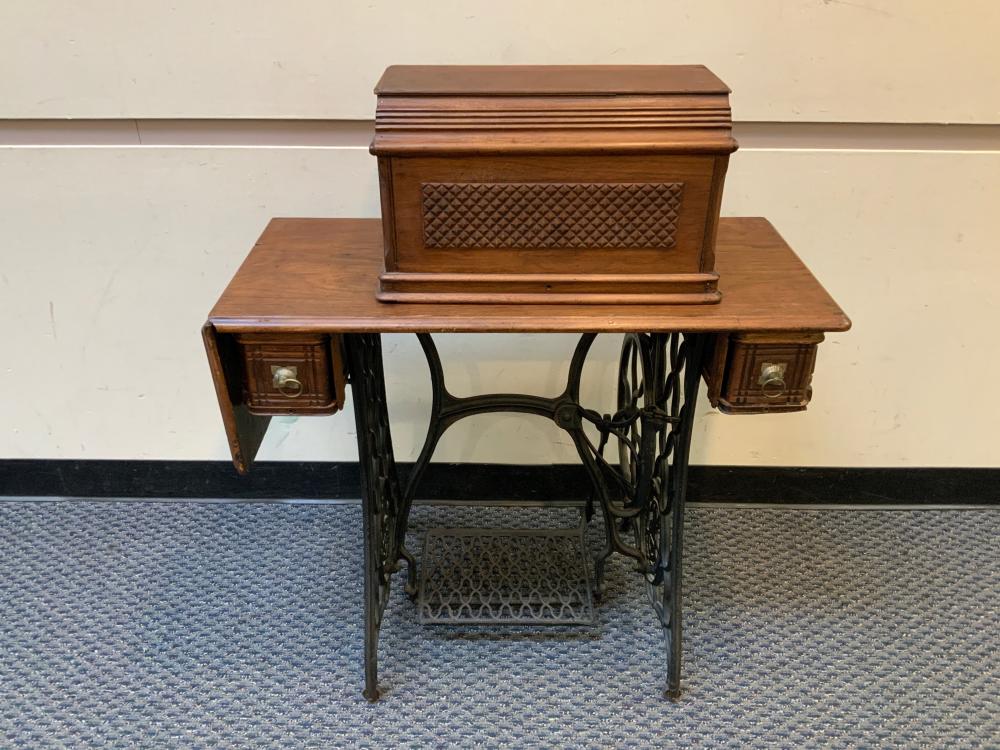 Appraisal: Singer Sewing Machine Table with Black Painted Wrought Iron Treadle