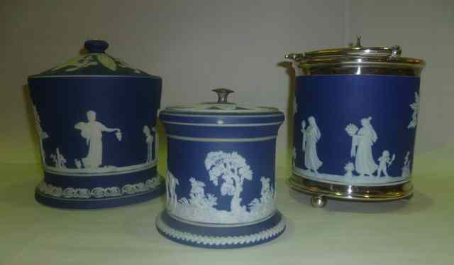 Appraisal: A WEDGWOOD JASPERWARE CYLINDRICAL BISCUIT BARREL with silver plated covers