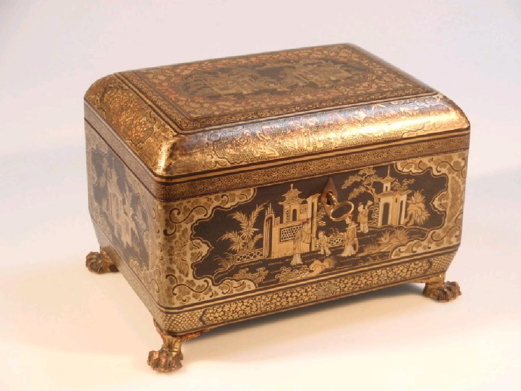 Appraisal: A thC Chinese black lacquered tea caddy with gilt painted