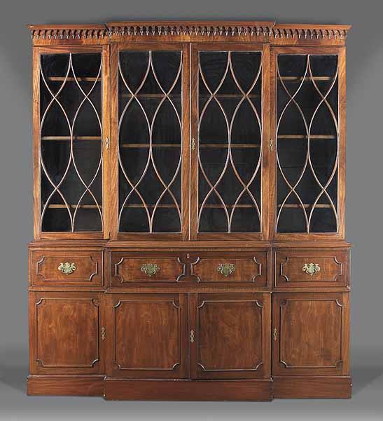 Appraisal: A Georgian-Style Mahogany Breakfront Secretary Bookcase the cornice with lancet