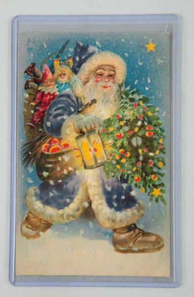 Appraisal: Hold-to-Light Santa Postcard Santa is in a puple-blue suit with