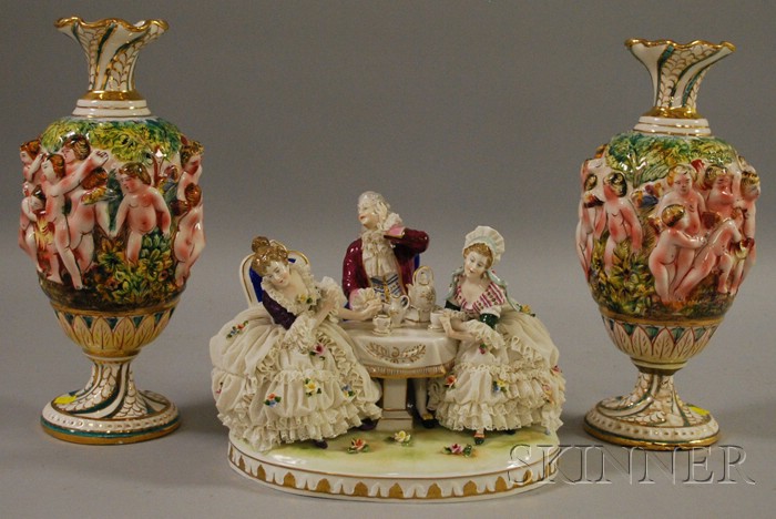 Appraisal: German Porcelain Crinoline Figural Group and a Pair of Capo