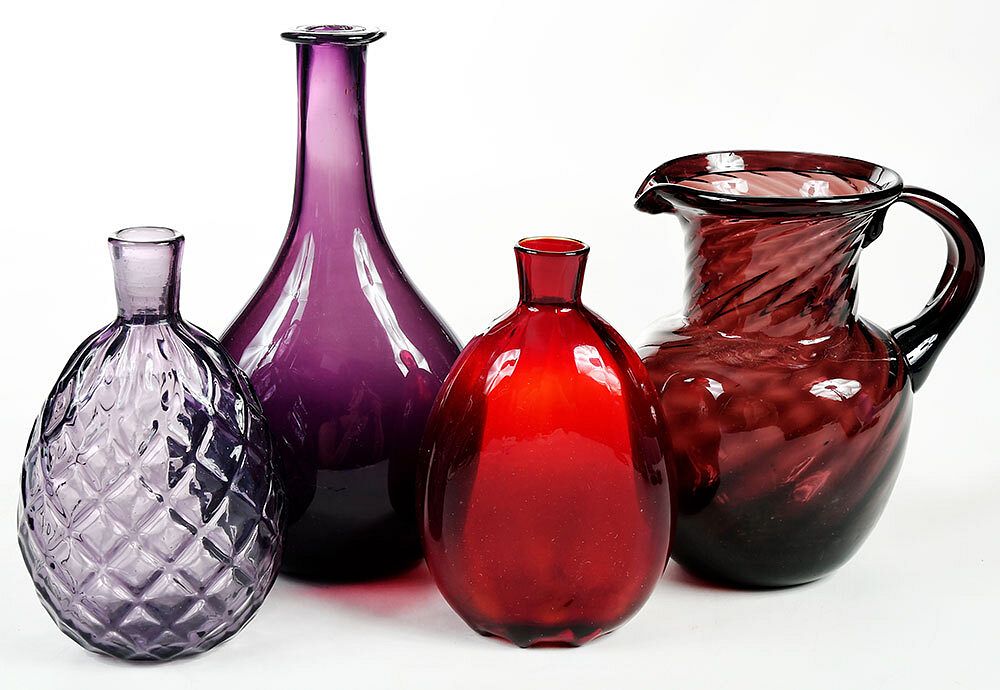 Appraisal: Four American Blown Colored Glass Articles th century three amethyst