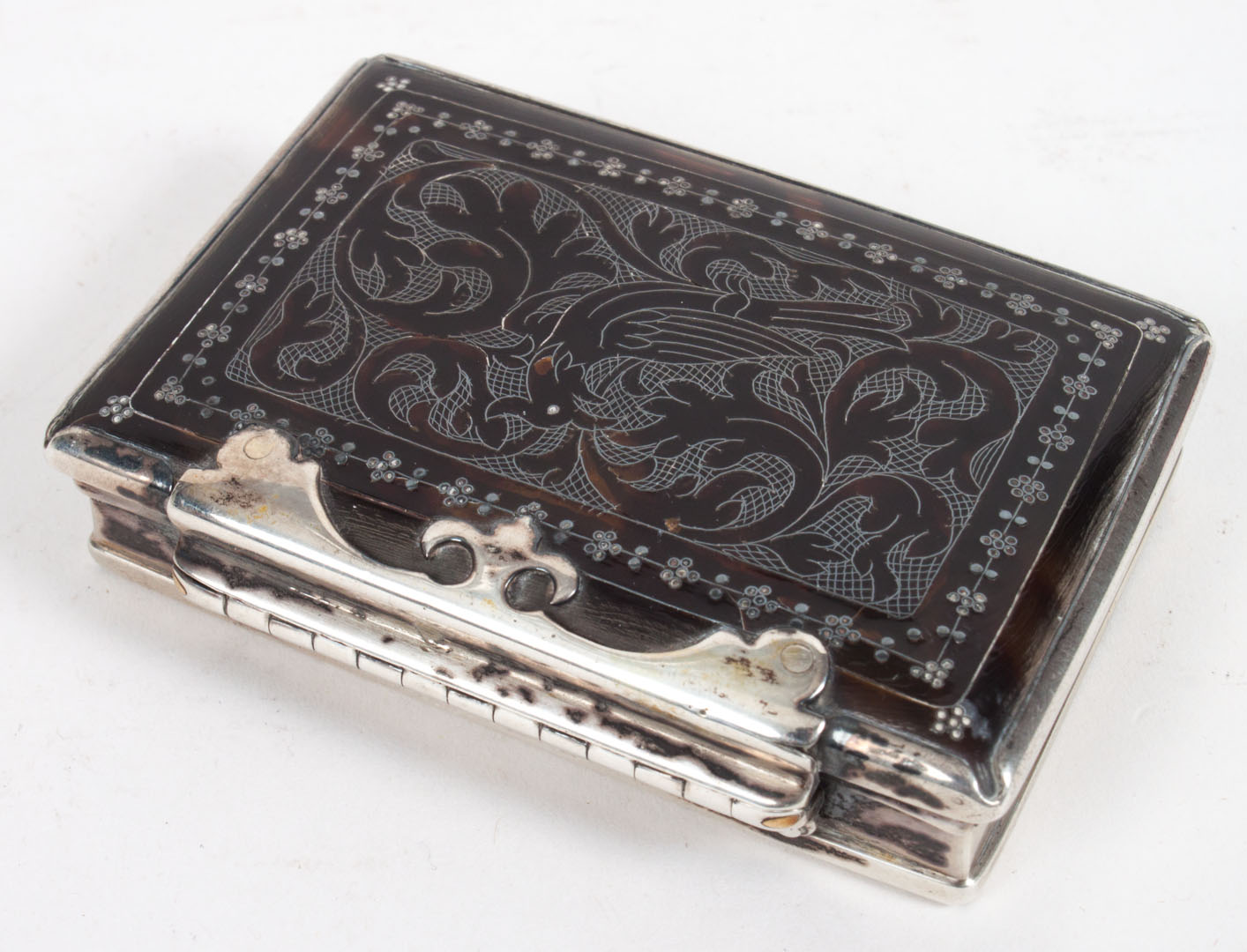 Appraisal: Continental silver and tortoiseshell snuff box unmarked th century the