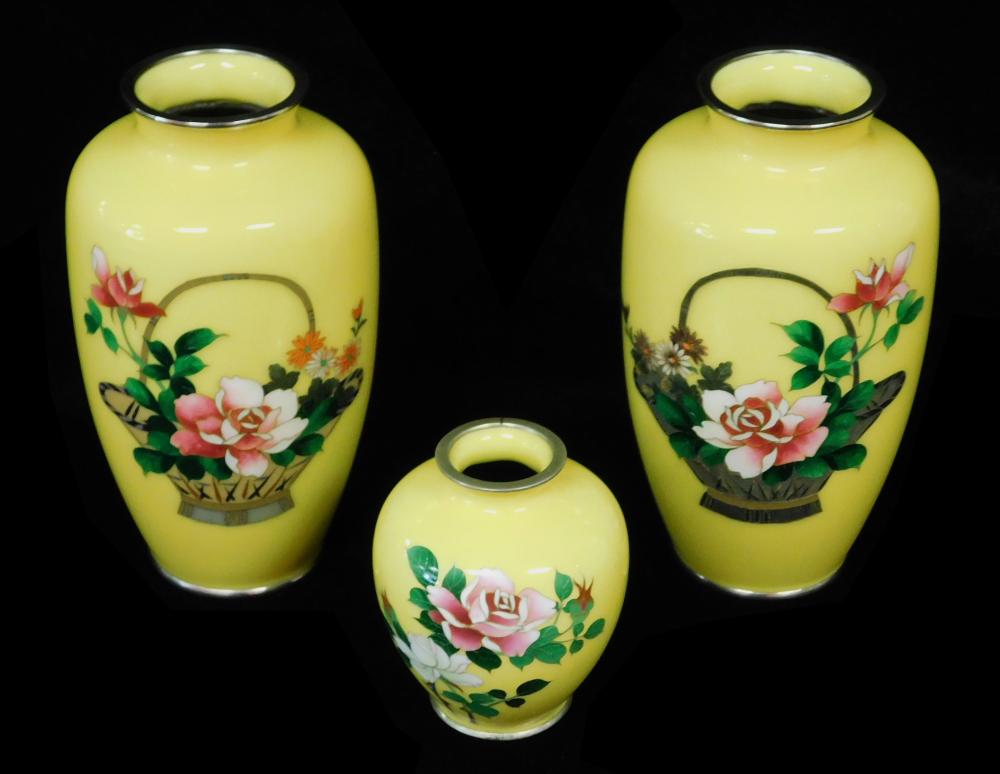 Appraisal: ASIAN THREE SATO CLOISONN VASES ON YELLOW GROUND JAPANESE TH