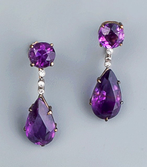 Appraisal: A PAIR OF AMETHYST AND DIAMOND EAR PENDANTS each pear-shaped