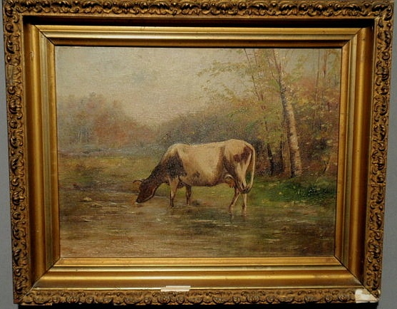 Appraisal: Oil on board painting of a cow in a stream